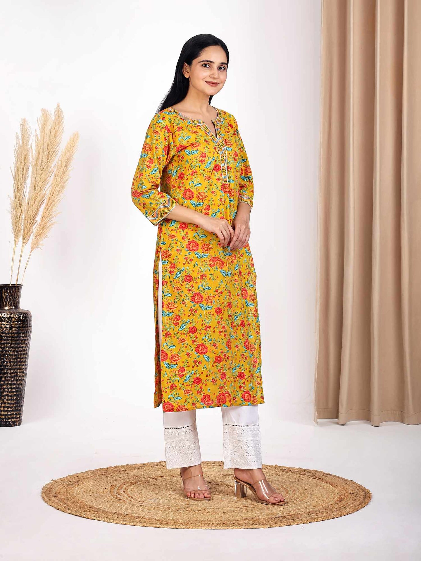 Yellow Round V-Neck Floral Printed Straight Kurta for Women
